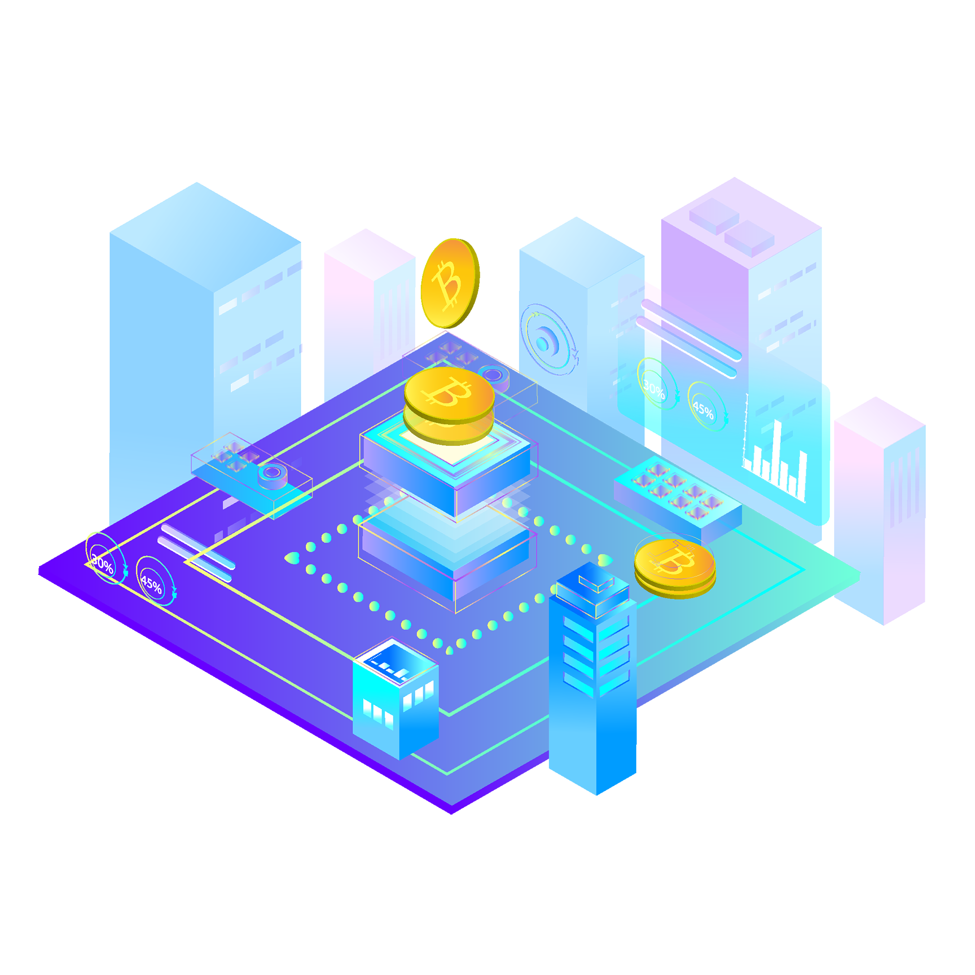 Ilustración de Minería Bitcoin con IA